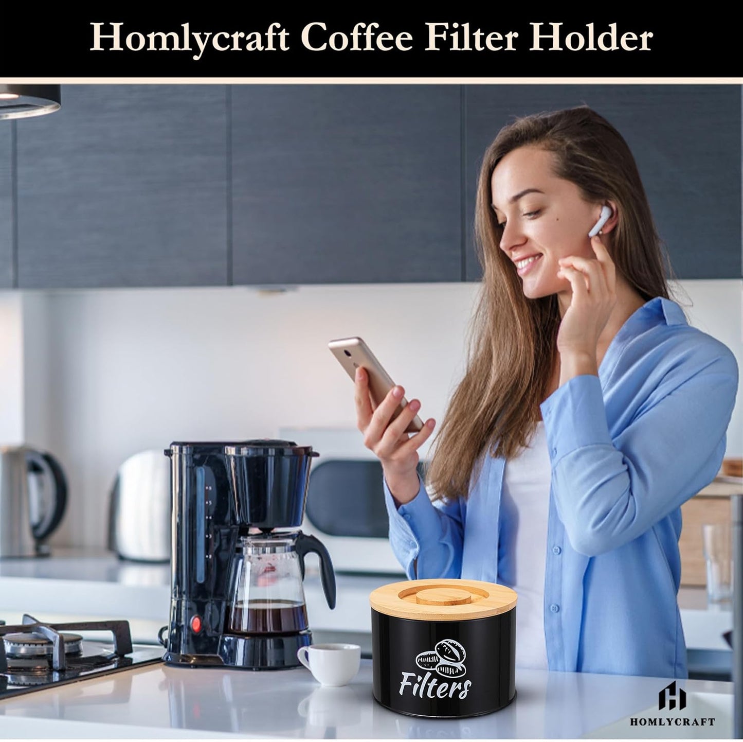 Coffee Filter Holder with Bamboo Lid – Filter Storage Organizer for Cone & Round Filters – Rustic Coffee Bar Container for Counter, Kitchen or Cafe Decor (Black).