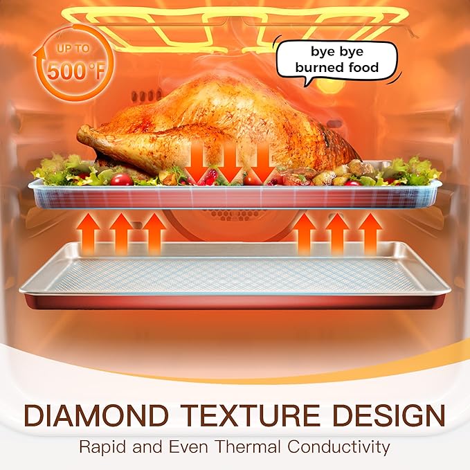 HONGBAKE 3 Pack Nonstick Ceramic Baking Sheet Pan Set for Oven, Non-Toxic Half/Quarter/Jelly Roll Pans with Diamond Texture, 0.8mm Aluminized Steel Cookie Trays for Cooking, Christmas Red & Cream