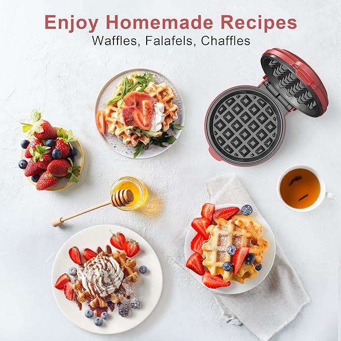 CROWNFUL Mini Waffle Maker Machine, 4 Inch Chaffle Maker with Compact Design, Easy to Clean, Non-Stick Surface, Recipe Guide Included, Perfect for Breakfast, Dessert, Sandwich, or Other Snacks (Red)