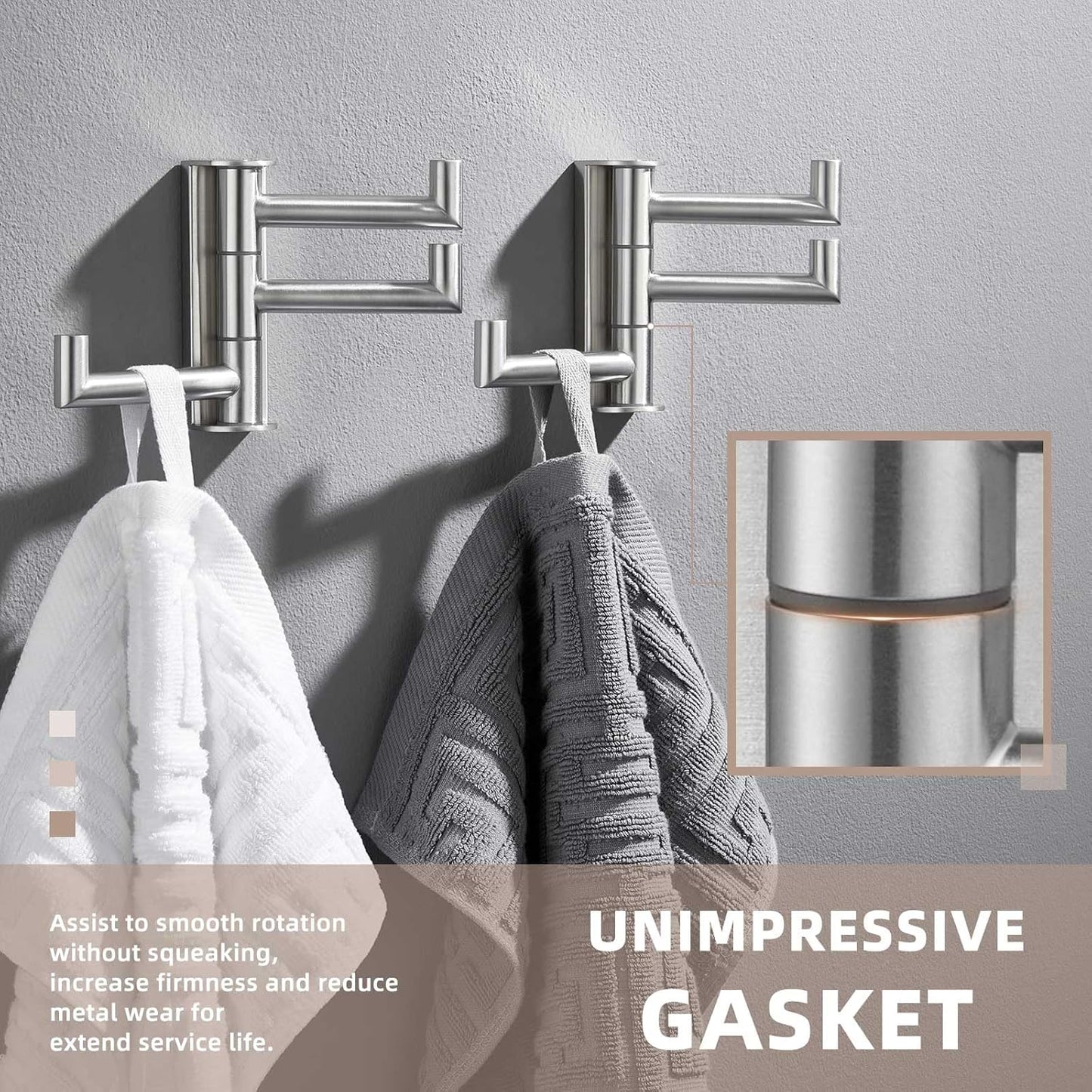 Suyar Towel Hook for Bathroom, SUS 304 Stainless Steel Swivel Robe Holder with 3 Arms, Wall Hook Brushed Nickel, 2 Pack