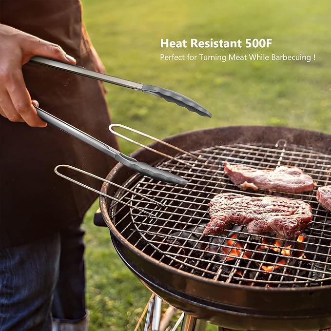 2 Pack Grey Kitchen Tongs, Premium Silicone BPA Free Non-Stick Stainless Steel BBQ Cooking Grilling Locking Food Tongs, 9-Inch & 12-Inch