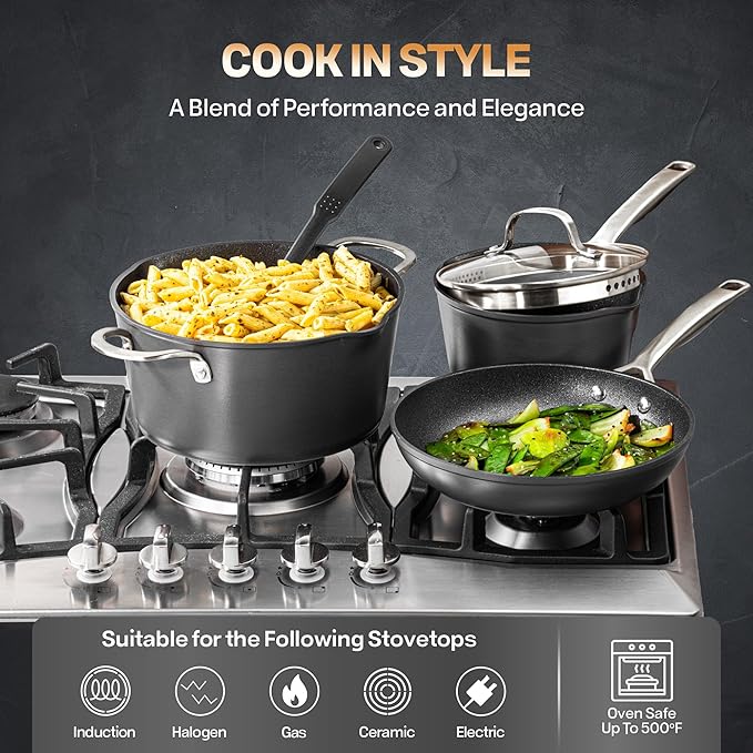 GRANITESTONE 14 Pc Induction Cookware Sets, Kitchen Pots and Pans Set Non Stick, Kitchen Cookware Sets, Nonstick Cookware Set, Non Stick Pots and Pan Set, Hard Anodized, Oven and Dishwasher Safe