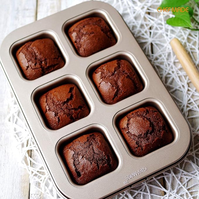CHEFMADE Brownie Cake Pan, 6-Cavity Non-Stick Square Muffin Pan Blondie Bakeware for Oven Baking (Champagne Gold)