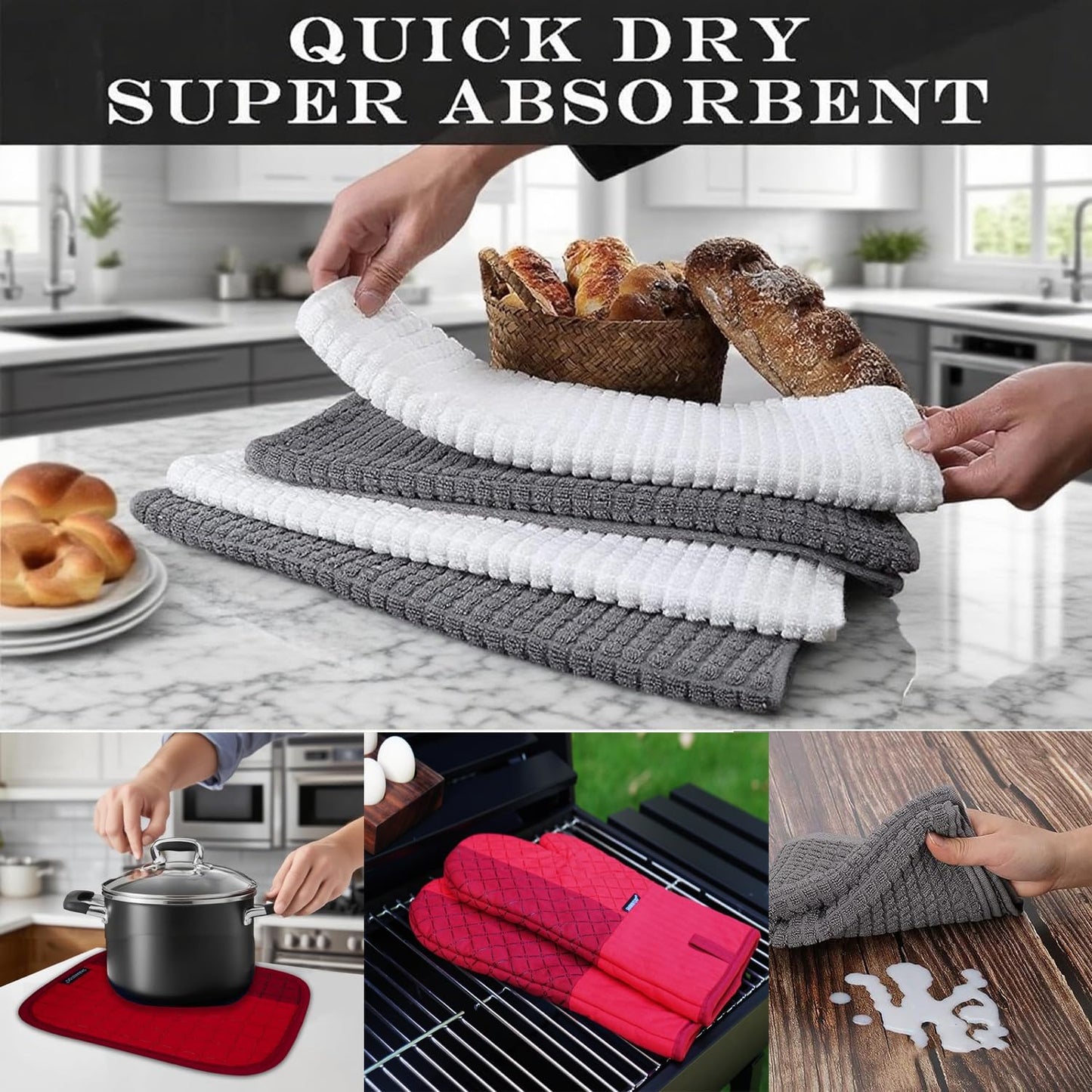 Oven Mitts and Pot Holders Sets 6pcs, Kitchen Oven Glove,High Heat Resistant 550 Degree Extra Long Oven Mitts and Potholders with Non-Slip Silicone Surface for Home Essentials (Grey) (Passion Red)