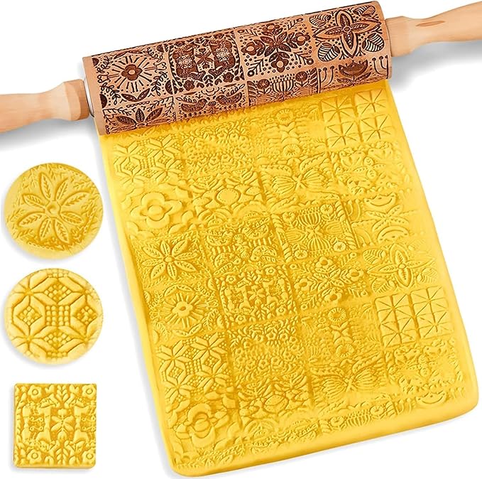 Christmas Wooden Rolling Pin for Baking Engraved Embossing Rolling Pin Cookie Stamps Roller Square Grid Cookies Mold Kitchen Decor Tools for Baking Embossed Cookies (European Fashion)