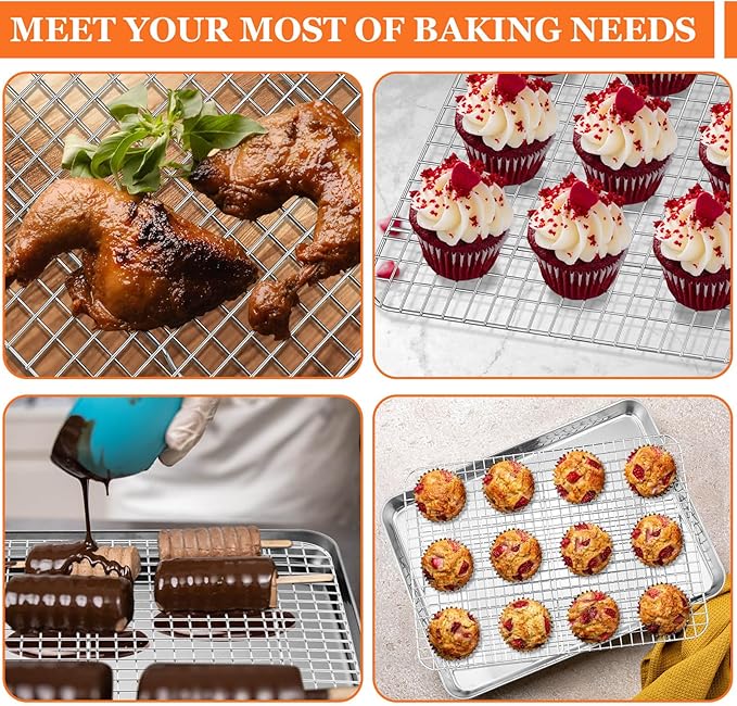 Half Sheet Baking Pan & Wire Rack, Leonyo 17.5" x 13" Large Stainless Steel Cookie Sheets with Cooling Rack Set, Nonstick & Oven Safe Commercial Baking Tray Pans - 4 Pack