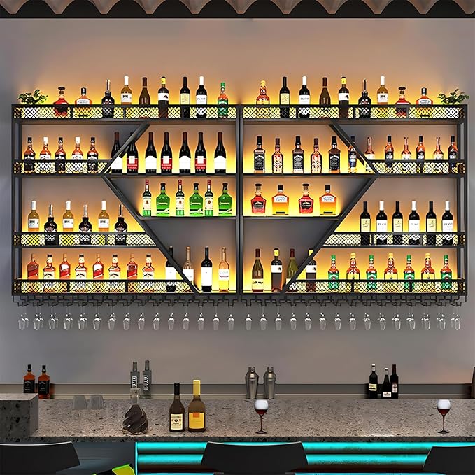 94.48in Metal Wine Rack Wall Mounted, Modern Wine Storage Rack Wall Mounted with Wine Glass Holder, Liquor Shelf, Bar Shelves for Liquor Bottles (4 Tiers Black, 94.48 * 7.87 * 33.85INCH)