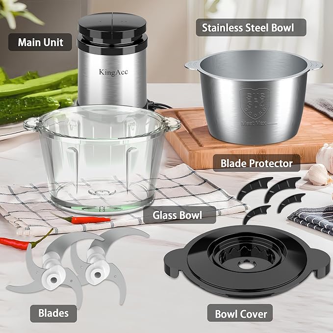 KingAcc Food Processor, 8-Cup 500W Meat Grinder & Mini Electric Vegetable Chopper with Copper Motor, 2 Blades & Dual Bowls (Glass+Stainless Steel), Overheat Protection for Baby Food/Meat/Home Kitchen