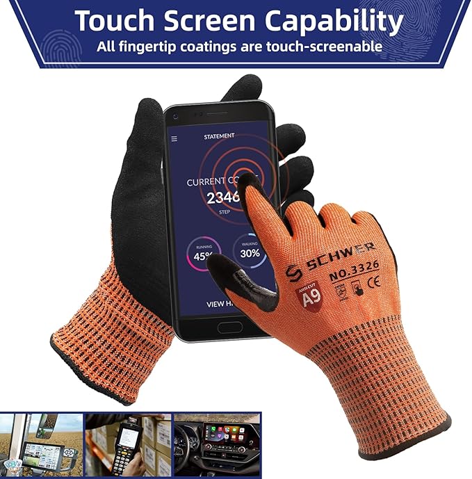 Schwer ProGuard Highest Level Cut Resistant Work Gloves PR3326 for Extreme Protection, ANSI A9 Cut Gloves with Reinforced Thumb, Non Slip, Non PFAS, Durable, Touch-screen, Orange 2 Pairs(XL)
