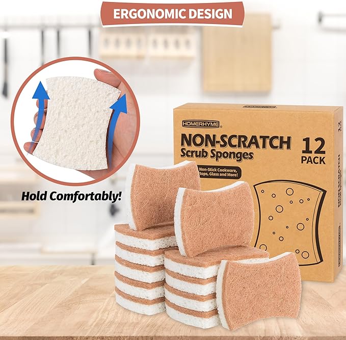 HOMERHYME Natural Dish Sponge 12 Pack, Non-Scratch Scrub Kitchen Sponge, Eco Multipurpose, Odor-Less Dual-Sided for Dish Washing & Household Cleaning