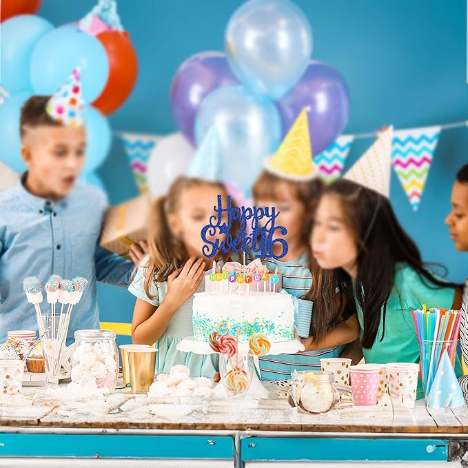 Gyufise 1Pc Happy Sweet 16 Cake Topper Blue Glitter Sweet 16 Birthday Cake Decoration Happy 16th Birthday Decorations for Girls Boys Party Supplies