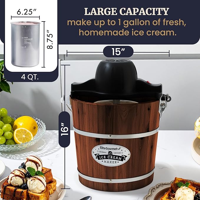 Elite Gourmet EIM418 Old Fashioned 4 Quart Vintage Walnut Wood Bucket, Electric Ice Cream Maker Machine, Uses Ice and Rock Salt Churns Ice Cream in Minutes