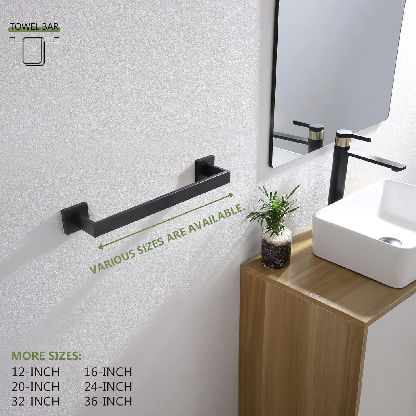 KOKOSIRI 16-Inch Single Towel Bar, Bathroom Kitchen Towel Holder, Wall Mounted SUS304 Stainless Steel Towel Rack 2 Pack, Matte Black, B4003BK-L16-P2