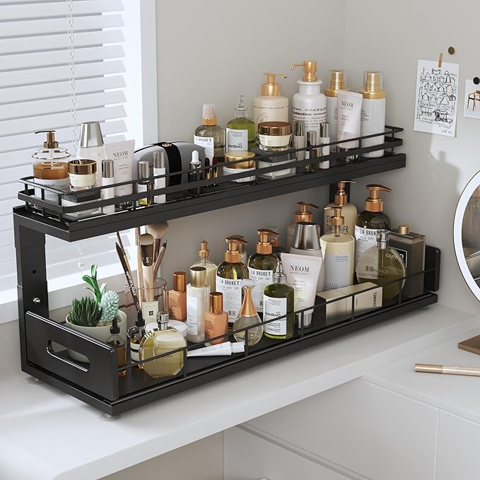 2 Pack 21 IN Depth Pull Out Cabinet Storage With Smooth Rails,2-Tier Dual Pull Out Cabinet Storage For Bathroom Kitchen,Under Sink Shelf-Black