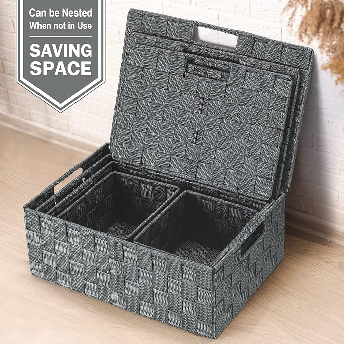 Storage Bins with Lids, Woven Storage Box Organizer Containers Decorative Baskets Cube for Clothes Bedroom Closet Office (5 Pack, Grey)