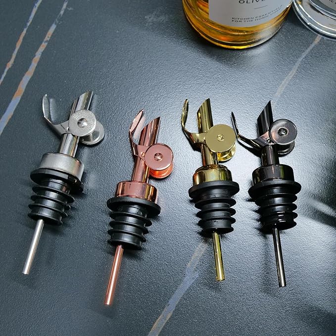 Olive Oil Dispenser Spout, Weighted Liquor Pour Spout, Syrup Dispenser Spout, Stainless Steel Automatic Pour Spouts for Liquor Bottles, Oil Bottles, Vinegar, Syrup and Alcohol 4 Pack Sliver