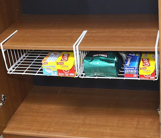 Simple Houseware Under Shelf Basket, White – 2-Pack Space-Saving Storage Organizer for Kitchen, Pantry, Closet, Office – Wire Metal Shelf Organizer, No Tools Required