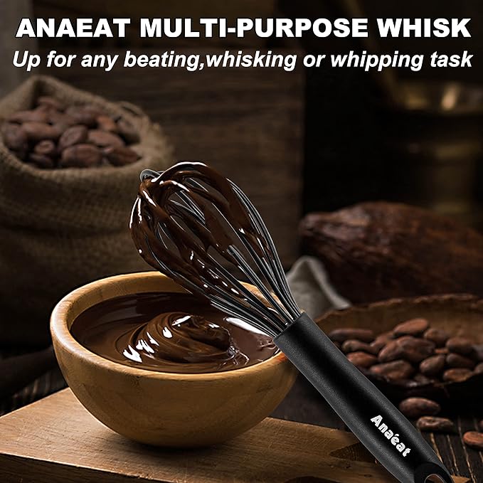 Anaeat 8.5" Silicone Balloon Whisk, Perfect for Non-Stick Cookware, Milk and Egg Beater Blender, Heat Resistant Kitchen Whisks for Whisking, Cooking, Baking, Beating, Frothing & Stirring (Black)