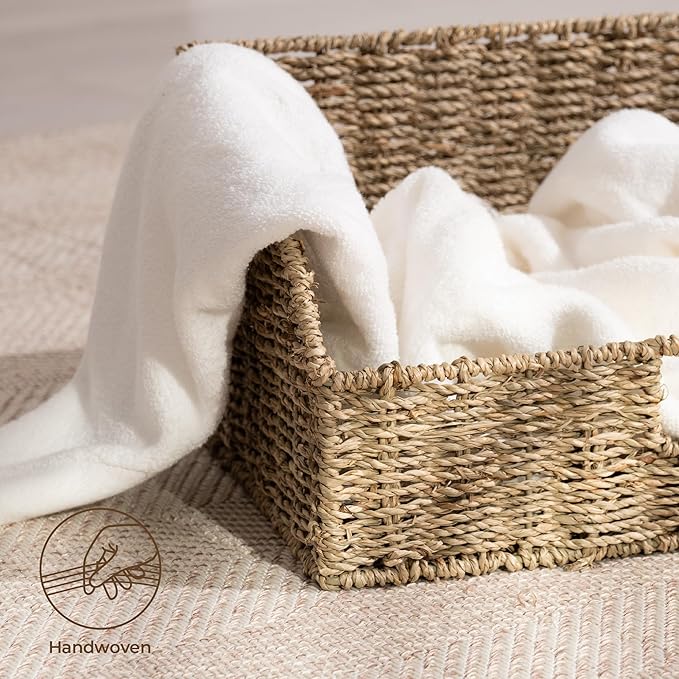 StorageWorks Pantry Baskets for Organizing, Seagrass Storage Baskets for Shelves with Built-in Handles, Pantry Organizers and Storage, Set of 2 (Large and Medium)