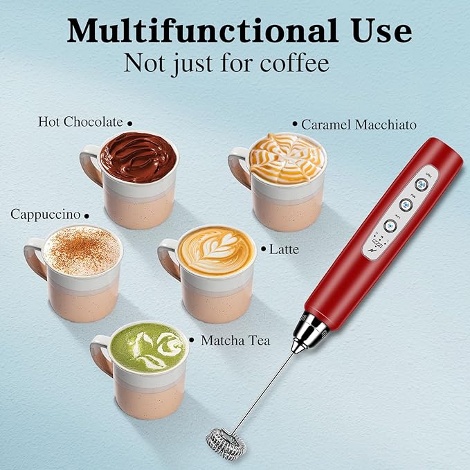 Milk Frother Handheld for Coffee, Electric Whisk 3 Speed Adjustable, Drink Mixer with Stainless 3 Whisks, Rechargeable Hand Frother Wand, Foam Maker for Latte Cappuccino Hot Chocolate Egg Red