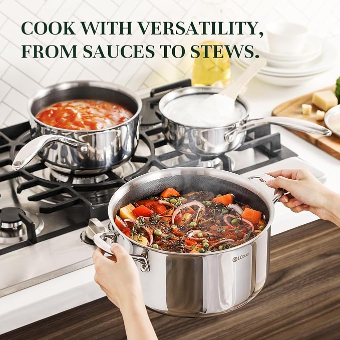 DELUXE Hybrid Ceramic Nonstick 6 PCS Pot Set, 1.3, 3&5.4-Quart Pot with Tempered Glass Lid, Stainless Steel Cookware Pots with Stay-Cool Handle, Dishwasher Safe, Compatible with All Cooktops