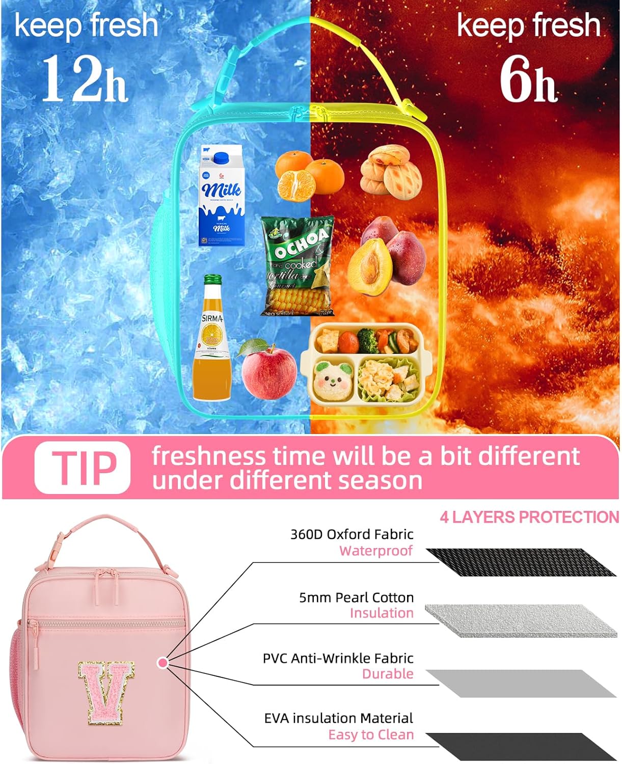 Initial Insulated Lunch Bag for Girls Kids, Back to School Gift, Reusable Leak-proof Lunch Box with Adjustable Strap for School Daycare Travel Picnic (Pink,V)
