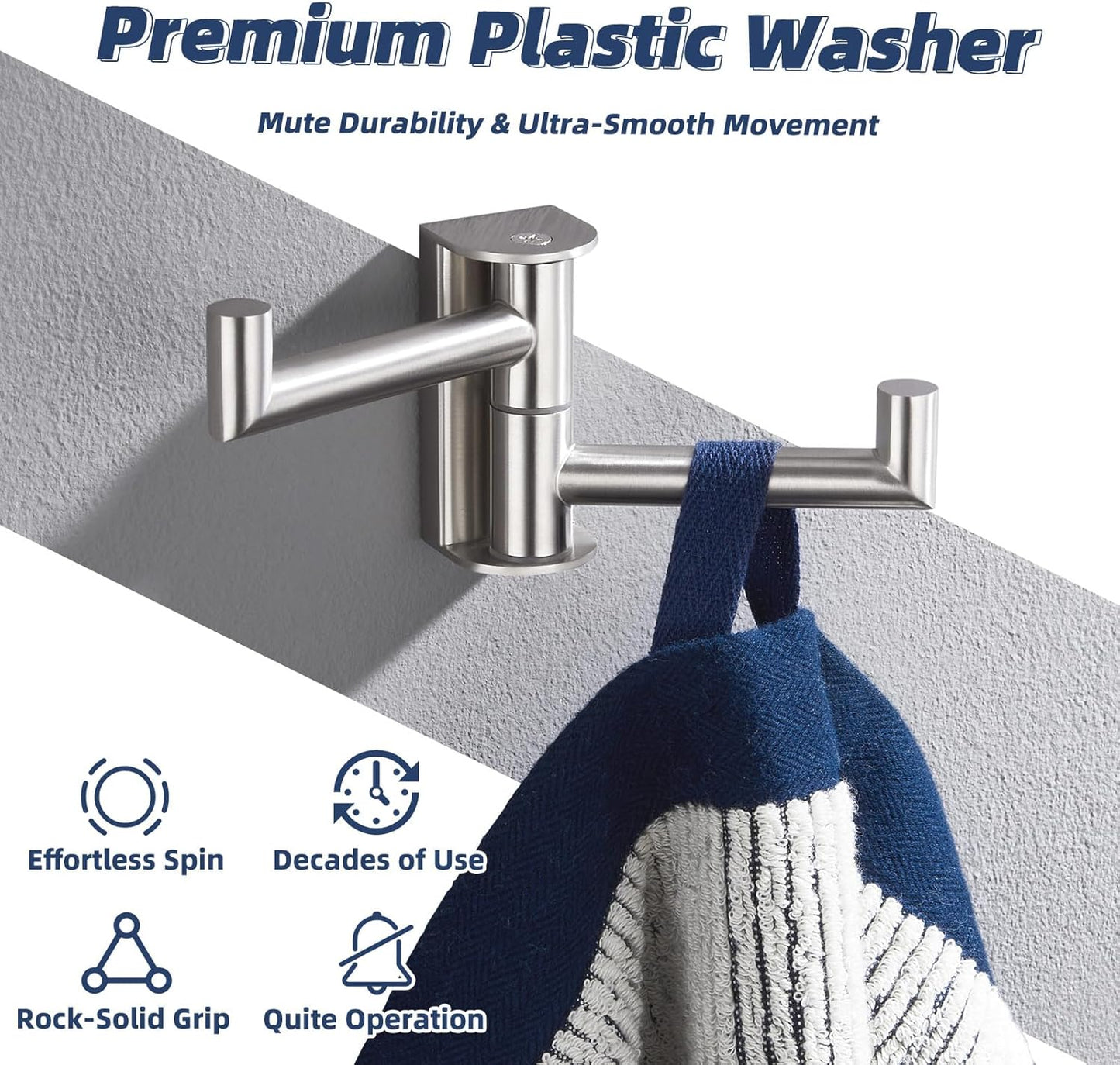 APLusee Brushed Nickel Double Swivel Towel Hook, 304 Stainless Steel Folding Clothes Hanger with Multi 2 Rotating Arms, Wall Mounted