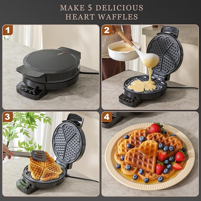 Heart Waffle Maker, Heart Shaped Waffle Iron 5 Slices, Mini Waffle Makers with 8'' Non-stick Plates, Adjustable 5 Browning Control, Cool Touch Handle, Easy to Clean, 1000W