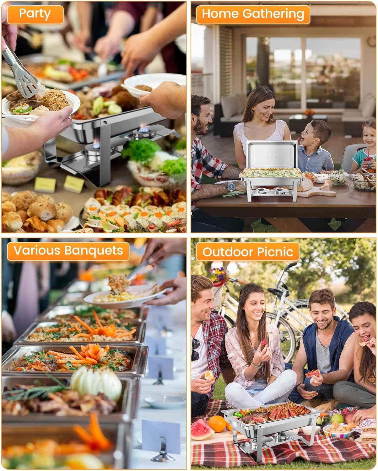 GarveeHome Chafing Dish Buffet Set 6 Pack, 8 QT Food Servers and Warmers Stainless Steel Chafer with Water Pan for Weddings, Parties, Banquets, and Catering