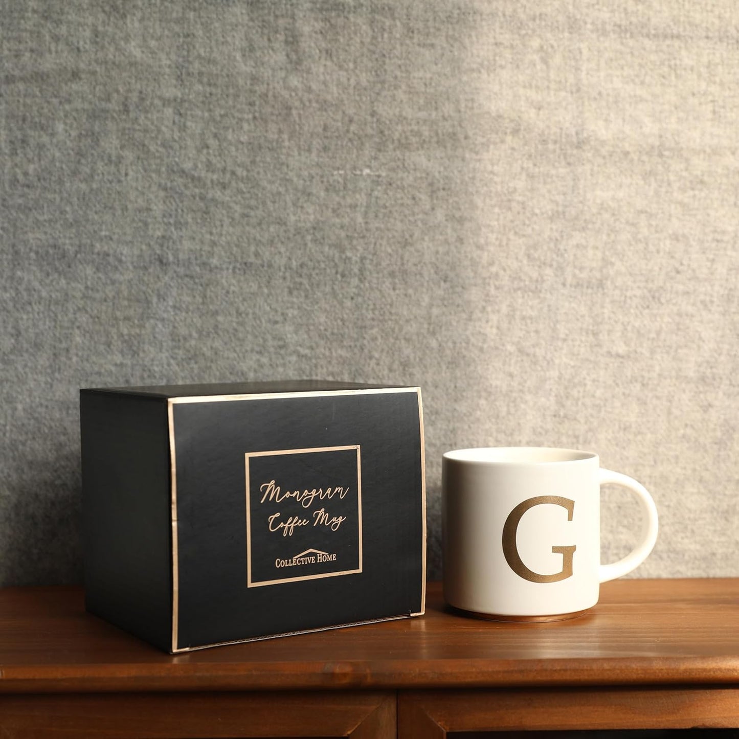 COLLECTIVE HOME - Monogram Ceramic Mugs, 15 oz Golden Initial Coffee Cups, Elegant Alphabet Tea Mugs, Elegant Personalized Mug with Gift Box, Unique Mug with Double Side Capital Letter (G)