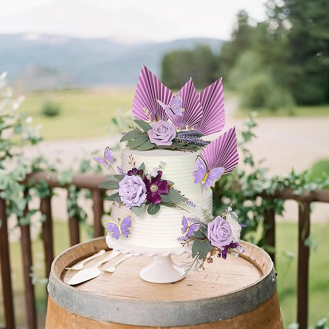 Gyufise 6Pcs Paper Palm Fan Cake Toppers Palm Leaf Fan Cake Topper Palm Spear Leaf Cupcake Toppers Cake Insert Decoration For Cake Decorating Diy Craft Project Home Wedding Party Supplies Purple