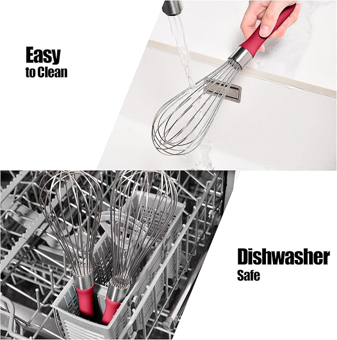 18/8 Stainless Steel Balloon Whisk, Doosu Kitchen Whisk for Cooking Handheld Egg Beater with Rust-Proof Sturdy Wires & Non-Slip Silicone Handle for Beating, Stirring, Blending (8 Wires, Red)