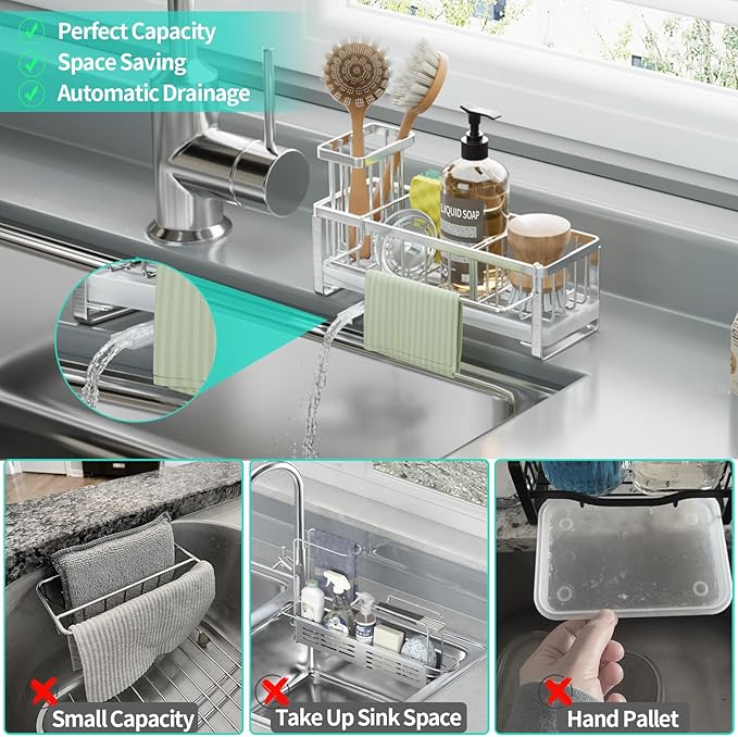 HapiRm Sponge Holder for Kitchen Sink - Self-draining Sink Caddy with Brush Holder and Dishcloth Holder, Stainless Steel Kitchen Organizer - Silver