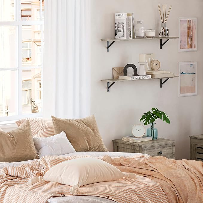 DINZI LVJ Long Wall Shelves, 39.4Inch Wall Mounted Shelves Set of 2, Easy-to-Install, Wall Storage Ledges with Sturdy Metal Brackets for Living Room, Bathroom, Bedroom, Kitchen, Grey Wash