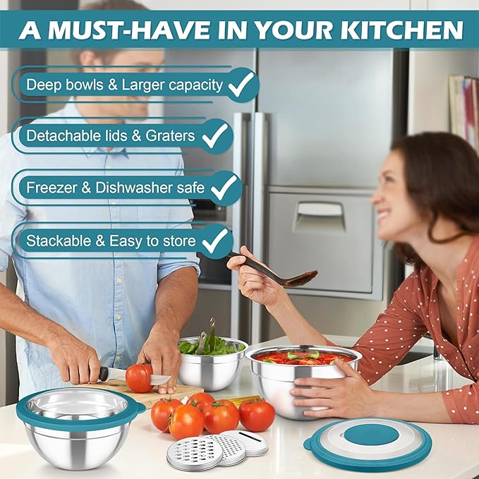 TeamFar Mixing Bowls, 3PCS Stainless Steel Serving Salad Bowls with Lids & 3 Graters, For Kitchen Mixing/Baking/Storing/Prepping, Visible & Airtight, Easy Clean - 4.5/3 / 1.5 QT, Dark Blue