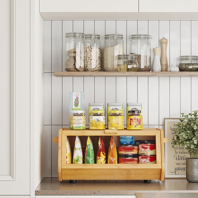 AMBIRD Bamboo Bread Box keep The Bread Fresh For Kitchen Counter-Large Capacity Wooden Bread Storage Container Farmhouse Bread Box with Window Bread Holder