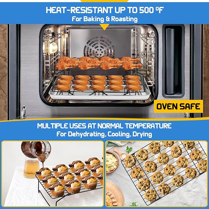 P&P CHEF 3-Tier Cooling Rack Set, Stackable Stainless Steel Baking Cooling Roasting Cooking Racks for Cake, Pastry, Bread, Meat, Bacon, Collapsible & Thick Wire, Oven Safe, 15" x10", Black