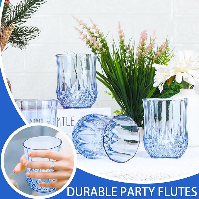 24 PCS Blue Stemless Wine Glasses,Plastic Reusable Cups 9OZ Vintage Drinking Glasses Tumblers for Whisky, Beer, Juice, Beverages, Cocktai
