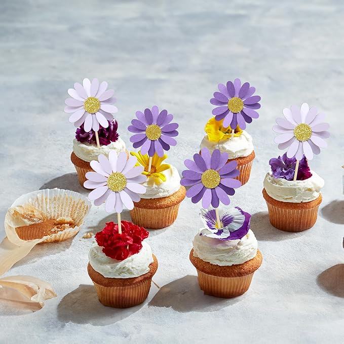 Ephlyn 24Pcs Purple Daisy Cupcake Toppers Flower Cake Toppers Daisy Cake Decorations Chrysanthemum Cupcake Toppers Spring Daisy Flower Cake Picks for Birthday Wedding Supplies