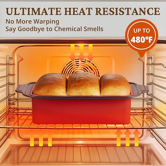 BRONYPRO 9x5 Inch Non-Stick Bread Loaf Pan,Non-Toxic Silicone Baking Mold For Homemade Bread,Heavy-Duty Steel Frame,Dishwasher Safe-Red