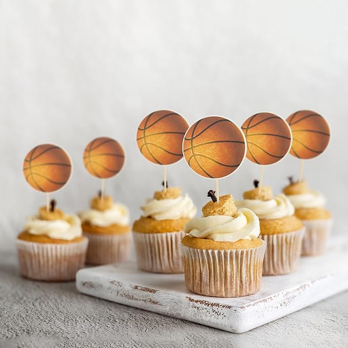 24Pcs Basketball Cupcake Toppers Star Sports Ball Cupcake Picks Baby Shower Basketball Sports Players Theme Birthday Party Cake Decorations Supplies