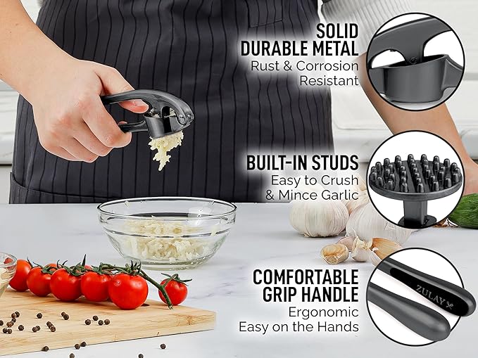 Zulay Kitchen Premium Garlic Press Set - Rust Proof & Dishwasher Safe Professional Garlic Mincer Tool - Easy-Squeeze, Easy-Clean with Soft, Ergonomic Handle - Silicone Garlic Peeler & Brush-Dark Gray