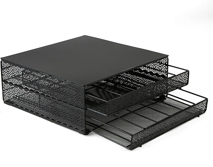 Mind Reader Single Serve Coffee Pod Organizer with 2 Drawers, 72 Pod Capacity, Metal Mesh, 13"L x 12.75"W x 5"H, Black