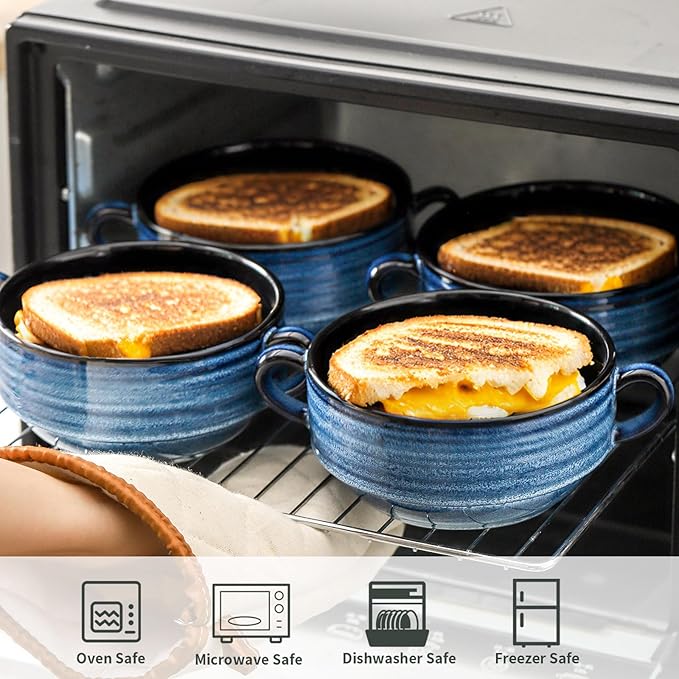 Hasense Soup Bowls, 20 oz French Onion Soup Bowls with Handle Set of 6, Serving Soup Crock for Stew, Pasta, Chili, Stackable Oven Safe Bowls, Microwave Dishwasher Safe, Blue