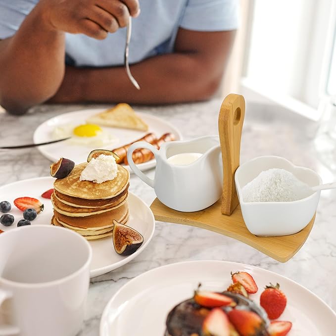 Creamer and Sugar with Carry Tray Set, Ceramic Cream and Sugar Bowl Set with Spoon & Lid, Vintage Cream Pitcher Sugar Jar with Tray, Creamer Dispenser Sugar Holder Container, Coffee Serving Set