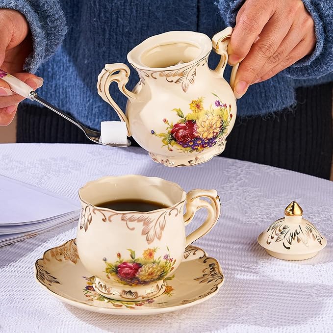YOLIFE Ceramic Sugar and Creamer Set, Vintage Ivory Flowering Shrubs Golden Leaves Edge Porcelain Creamer Sugar Bowl with Lid Coffee Server Set Gifts