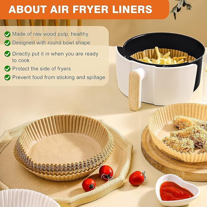Vailnd 9inch Round Air Fryer Liners Disposable, 125PCS Non-Stick Parchment Paper Liners, Oil Resistant, Waterproof, Food Grade Baking Paper for 5-10 QT Air Fryer Microwave