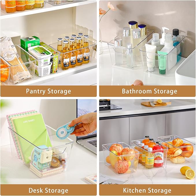 12 Pack Middle Organizers and Storage, Pantry Organization and Storage Bins, Cabinet Organizer, Clear Plastic Storage Containers with Handle,Acrylic Storage Bins for Cabinet, Fridge