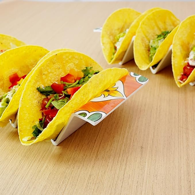 TP Taco Holder Stands, Set of 2 Melamine Large Taco Serving Rack Tray with Handle, Holds 3 Tacos, Dishwasher Safe, Ideal for Taco Night, Party, Home, Fiesta, Talavera Bloom