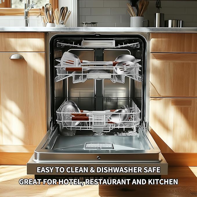 Stainless Steel Kitchen Utensils Set with Wood Handle, 18/10 Metal Cooking Utensils Set, 10-Piece - Spatula, Spoon, Ladle, Skimmer, Slotted Turners, Pasta Server, Fork, Masher(Dishwasher Safe)